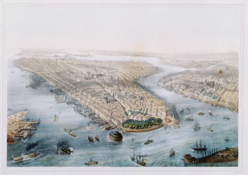 Vista aerea di New York e Brooklyn, inciso da T.H. Muller, pubblicato da L. Turgis, Parigi, c.1850